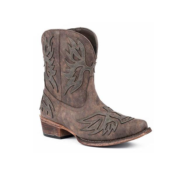 Roper Women's Snip Toe Faux Leather Shorty Boot- Chromatic Brown/Distressed Brown