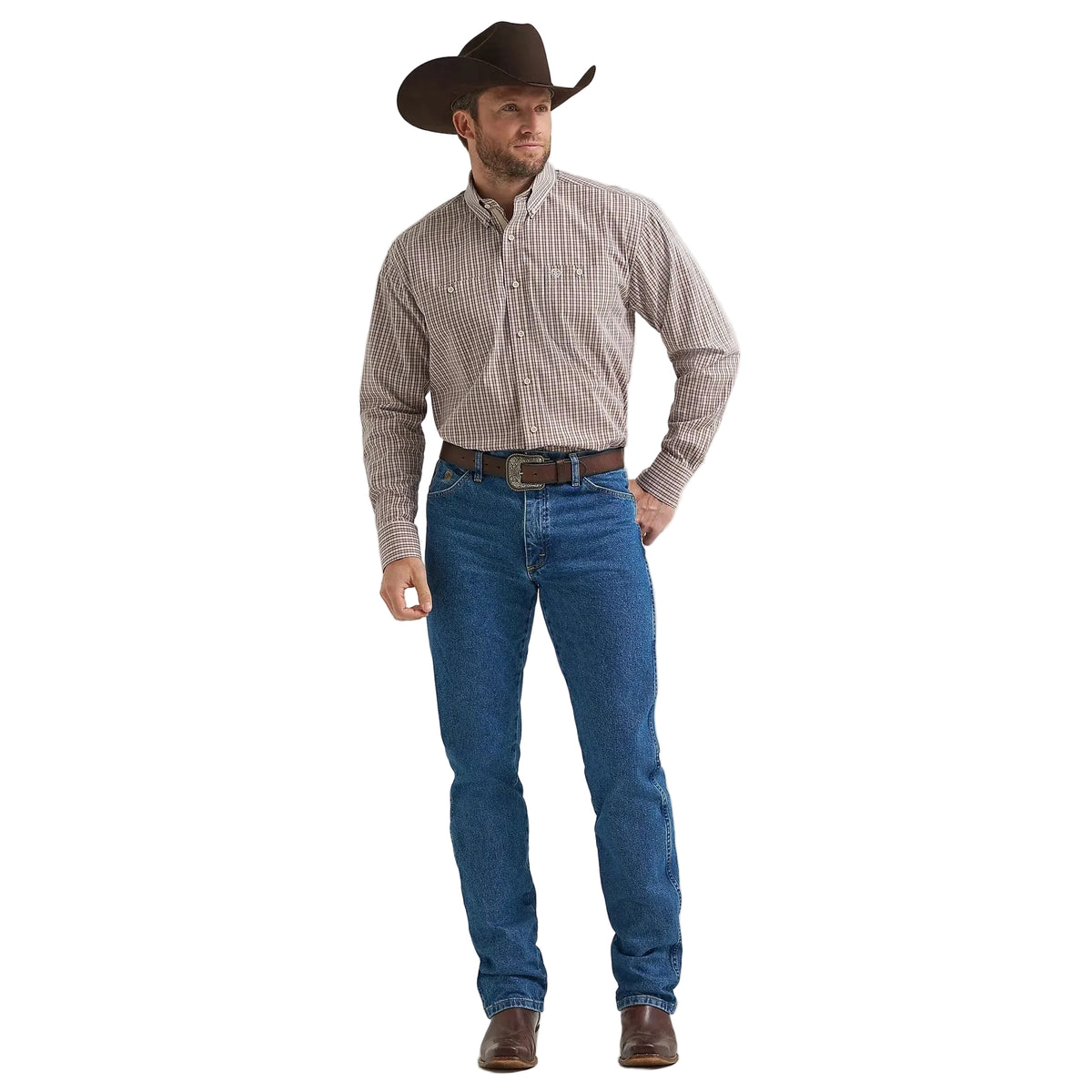 Wrangler Men's George Strait Long Sleeve Button Down Two Pocket Shirt - Purple Tan Plaid - Irvine Tack & Western Wear