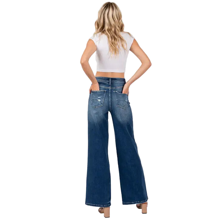 Petra153 Women's Destroyed High Rise Super Stretch Relaxed Wide Leg Jeans - Medium Wash