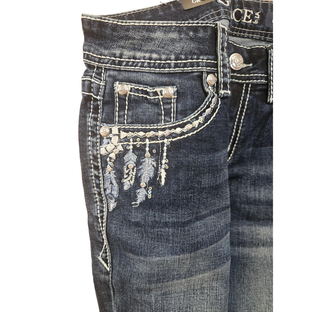 Grace in LA Women's Feather Bootcut Jeans- Blue - Irvine Tack & Western Wear