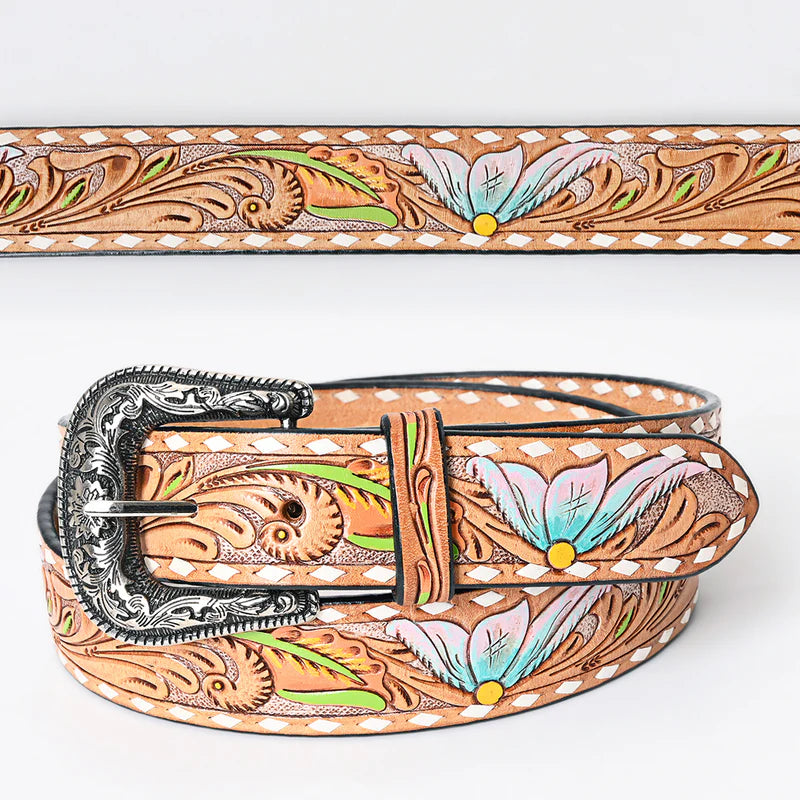 American Darling Unisex Pastel Blue & Pink Floral Design Leather Western Belt - Tan