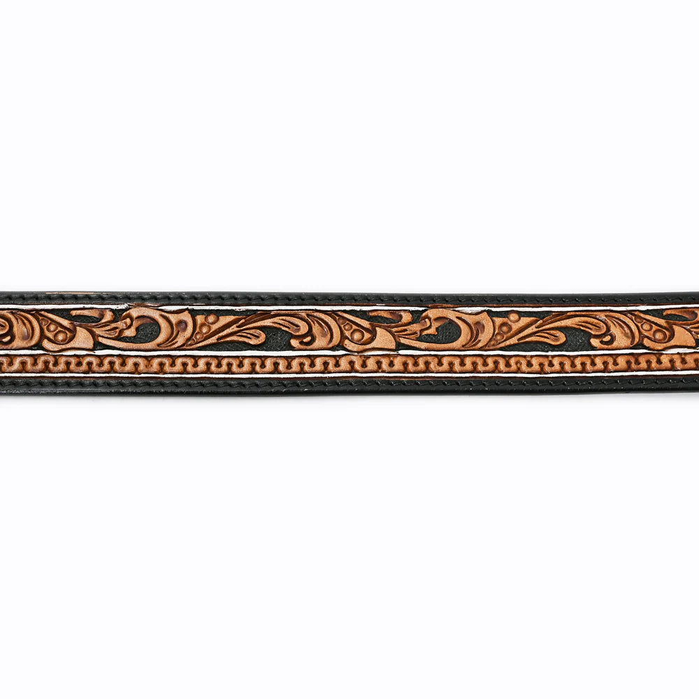 American Darling Western Tooled Leather Belt with Scrollwork & Silver Buckle - Black/Tan - Irvine Tack & Western Wear
