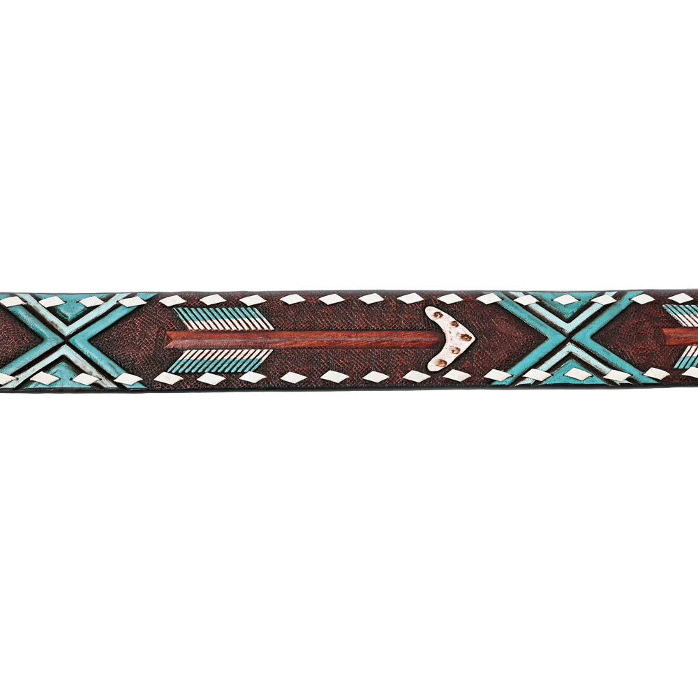 American Darling Hand Tooled Arrow & Tribal Pattern Western Leather Belt - Rustic Brown/Turquoise - Irvine Tack & Western Wear
