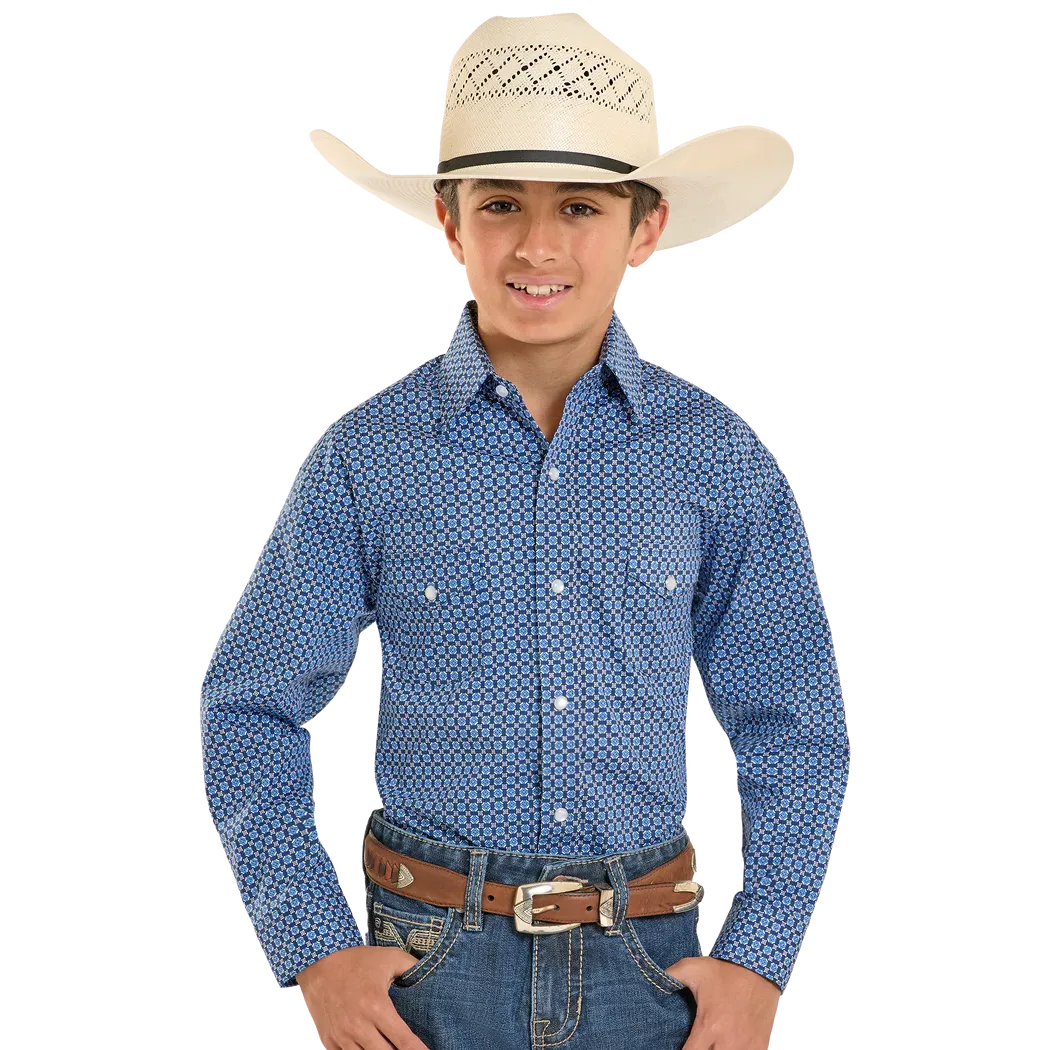 Panhandle Boy's Rough Stock Geo Print Long Sleeve 2 Pocket Snap Shirt - Blue