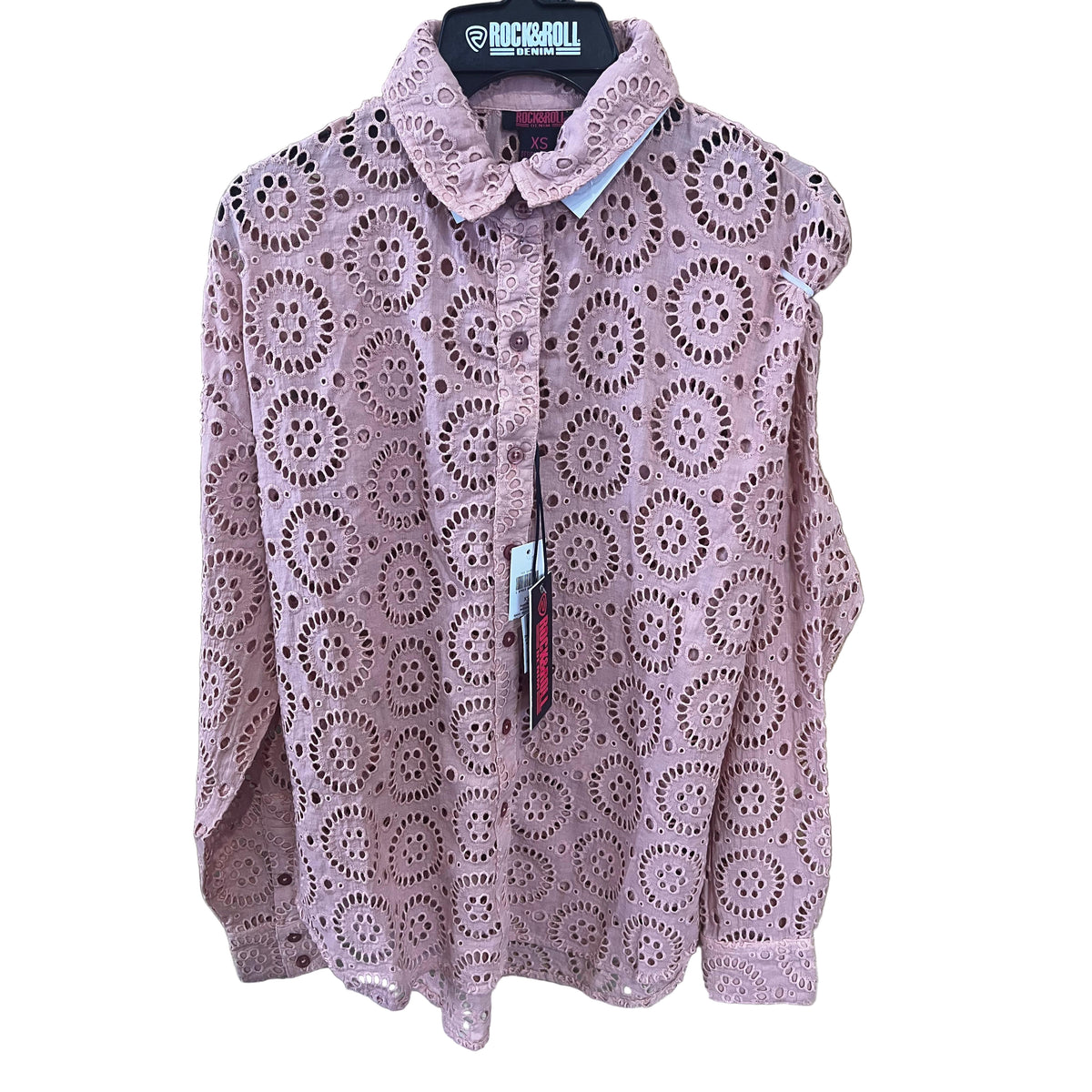 Rock & Roll Women's Long Sleeve Eyelet Boyfriend Shirt- Rose/Mauve