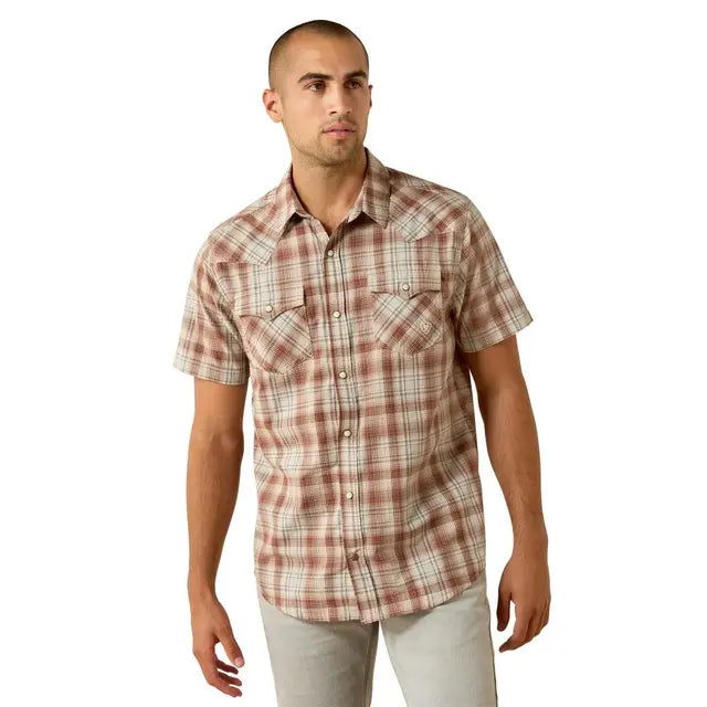 Ariat Men's Retro Hilliard Fitted Short Sleeve Snap Plaid Shirt - Light Brown