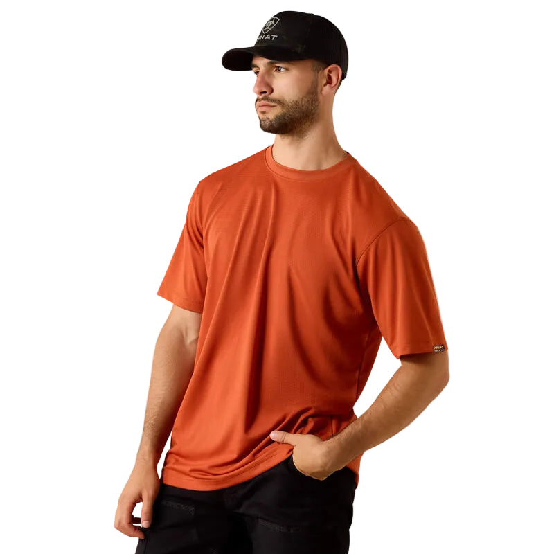 Ariat Men's Rebar Heat Fighter Textured Logo Short Sleeve Tee Shirt - Burnt Brick