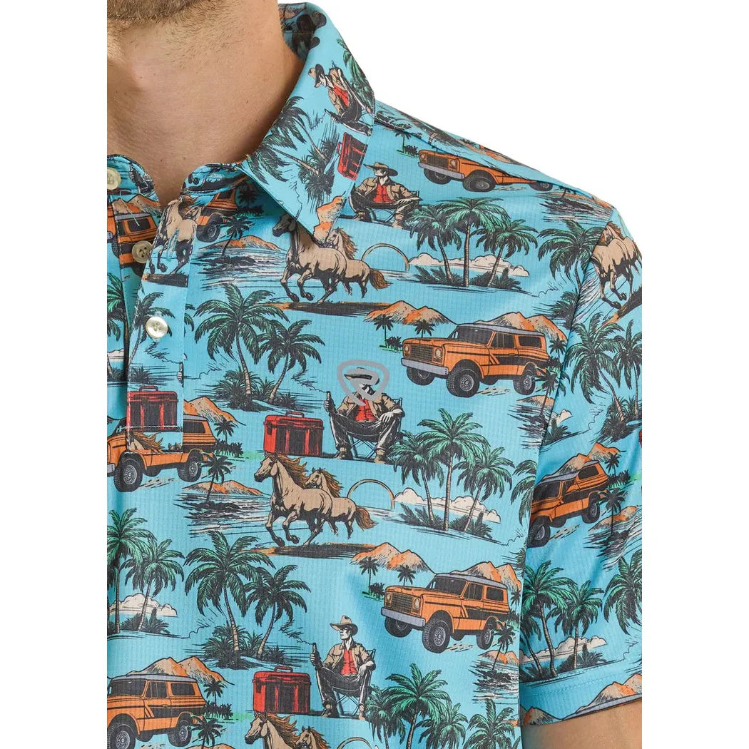 Rock & Roll Men's Dale Brisby Costal Western Print Short Sleeve Polo Shirt - Turquoise