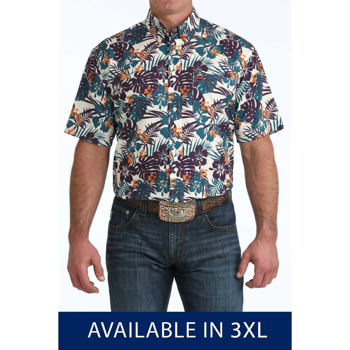 Cinch Men's Arenaflex Print Button Down Short Sleeve Shirt - Cream/Multicolour