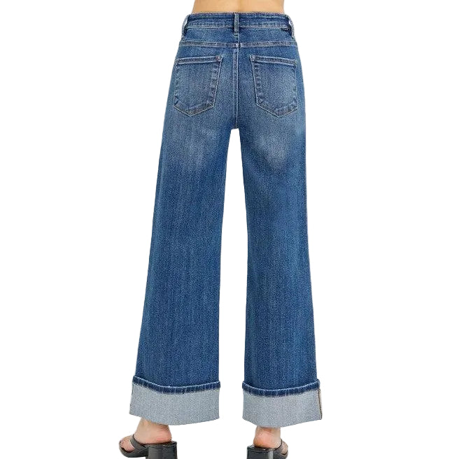 Risen Women's Tummy Control High Rise Ankle Wide Cuffed Jeans - Dark