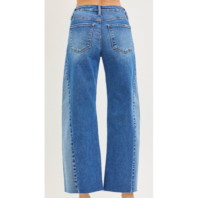 Risen Women's 4 Way Stretch Mid Rise Barrel Patch Pocket Jeans- Dark Wash