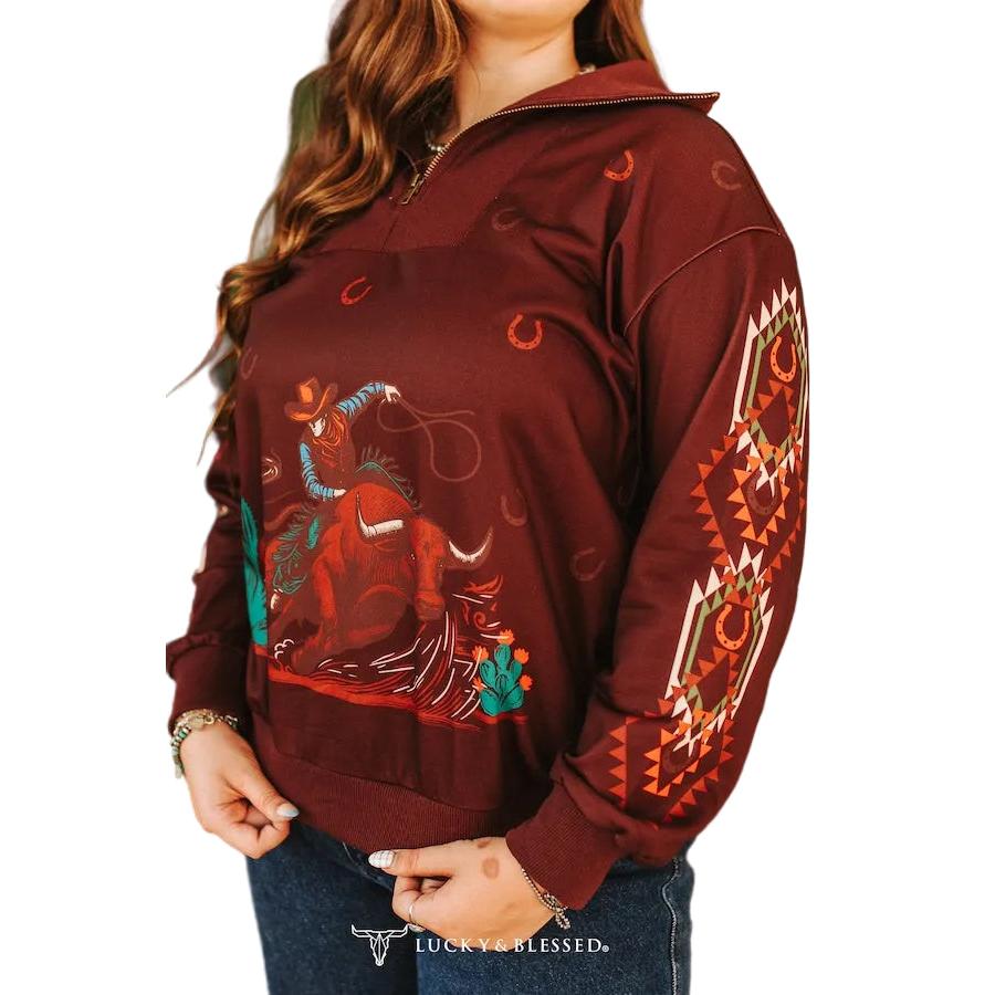 Lucky & Blessed Women's Bull Rider Printed Long Sleeve Zip Up Sweatshirt - Maroon