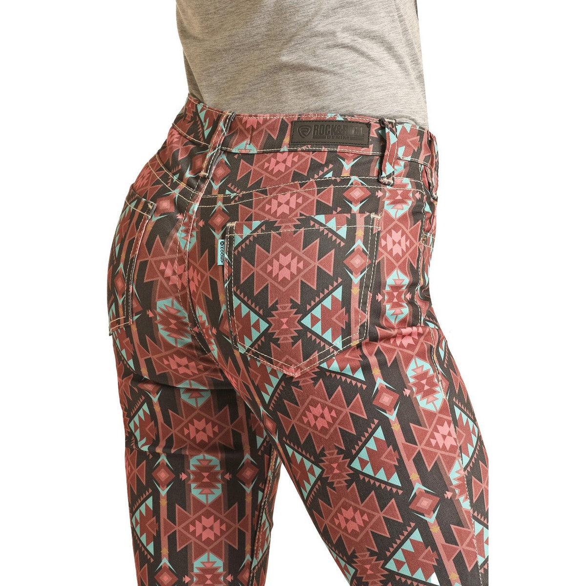 Rock & Roll Hooey Women's Aztec High Rise Extra Stretch Baby Flare Jeans - Pink/Black