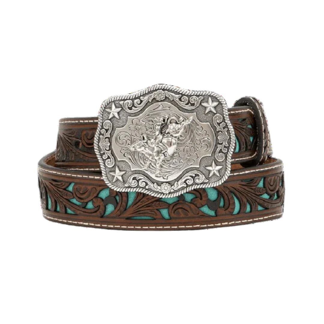 Nocona Boy's Floral w/Underlay Leather Belt - Turquoise Glitter - Irvine Tack & Western Wear