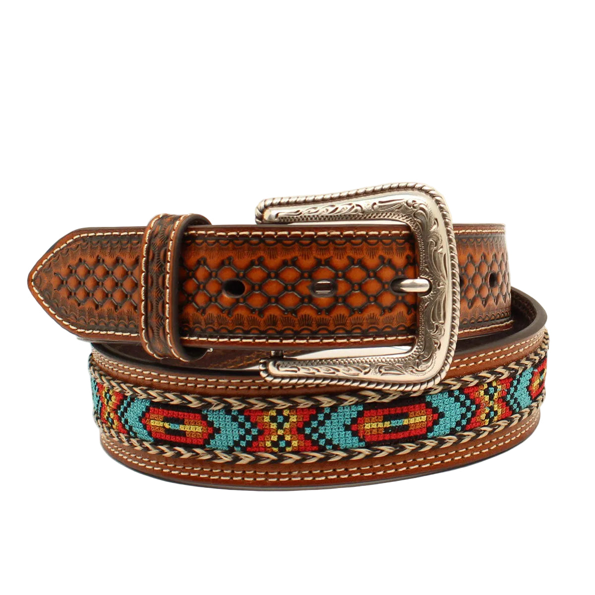 Nocona Men's Embossed Ribbon Inlay Belt - Brown/Blue/Red