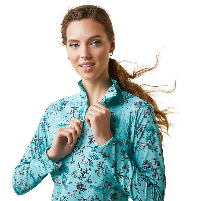 Ariat Womens Sunstopper 2.0 1/4 Zip Baselayer Shirt - Pool Blue Oasis Print