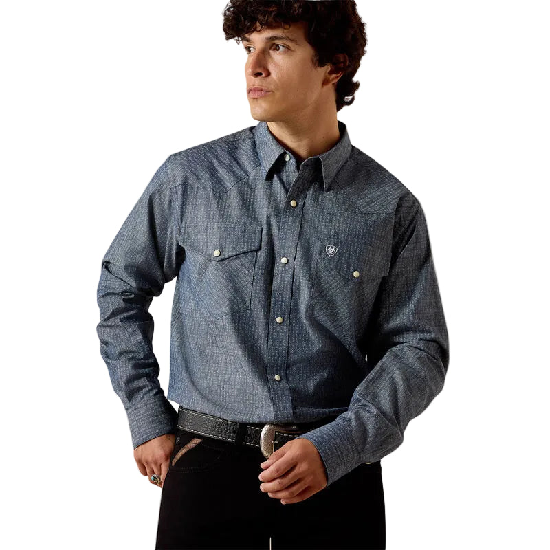 Ariat Men's Filipe Fitted Long Sleeve Fitted Snap Shirt - Chambray Blue Geo Print