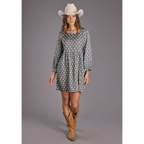 Stetson Apparel Women's Long Sleeve Horse Pennies Rayon Print Dress- Grey