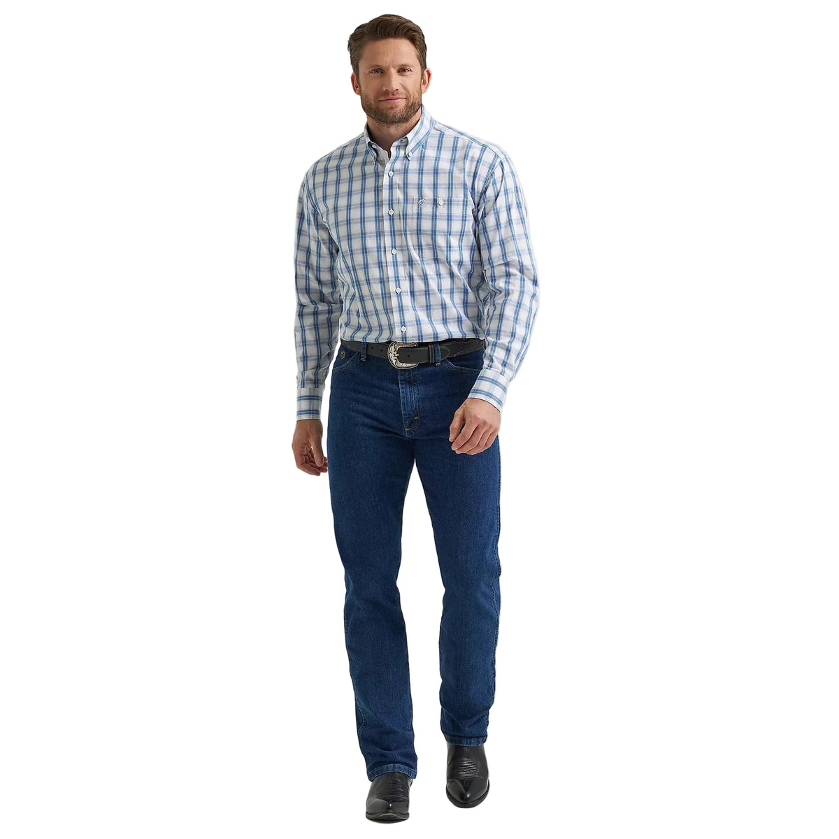 Wrangler Men's George Strait Long Sleeve Button Down Shirt - Navy Blue Plaid