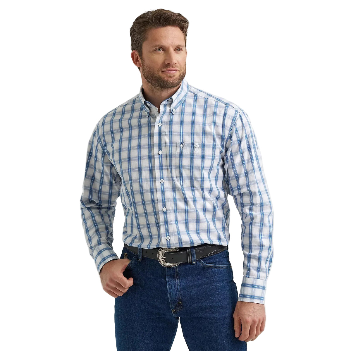 Wrangler Men's George Strait Long Sleeve Button Down Shirt - Navy Blue Plaid
