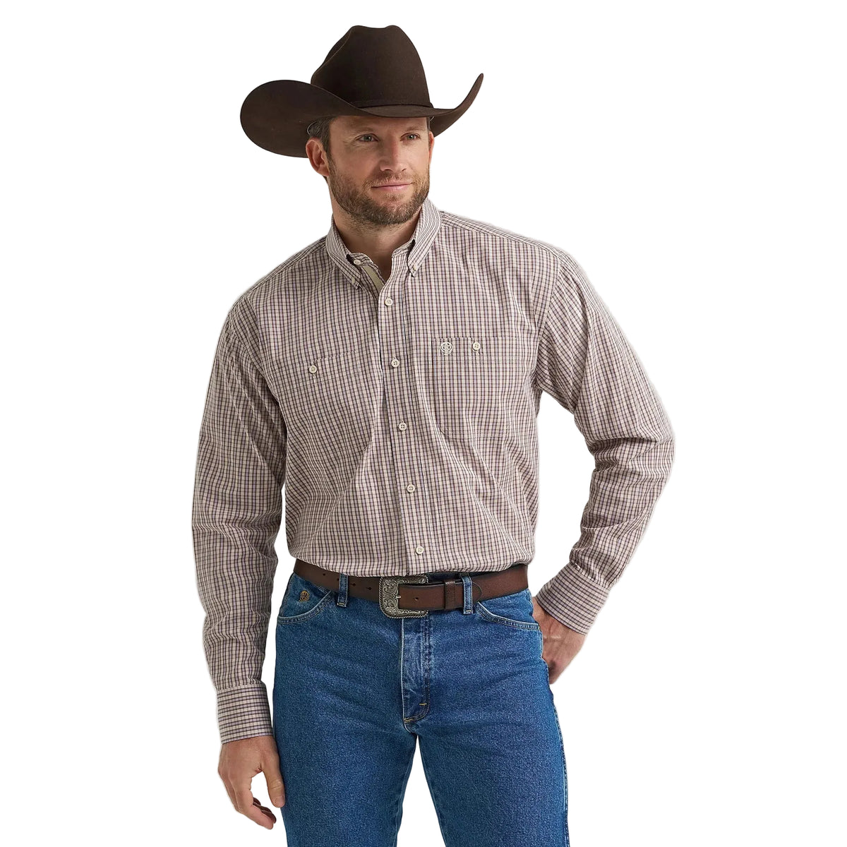 Wrangler Men's George Strait Long Sleeve Button Down Two Pocket Shirt - Purple Tan Plaid - Irvine Tack & Western Wear