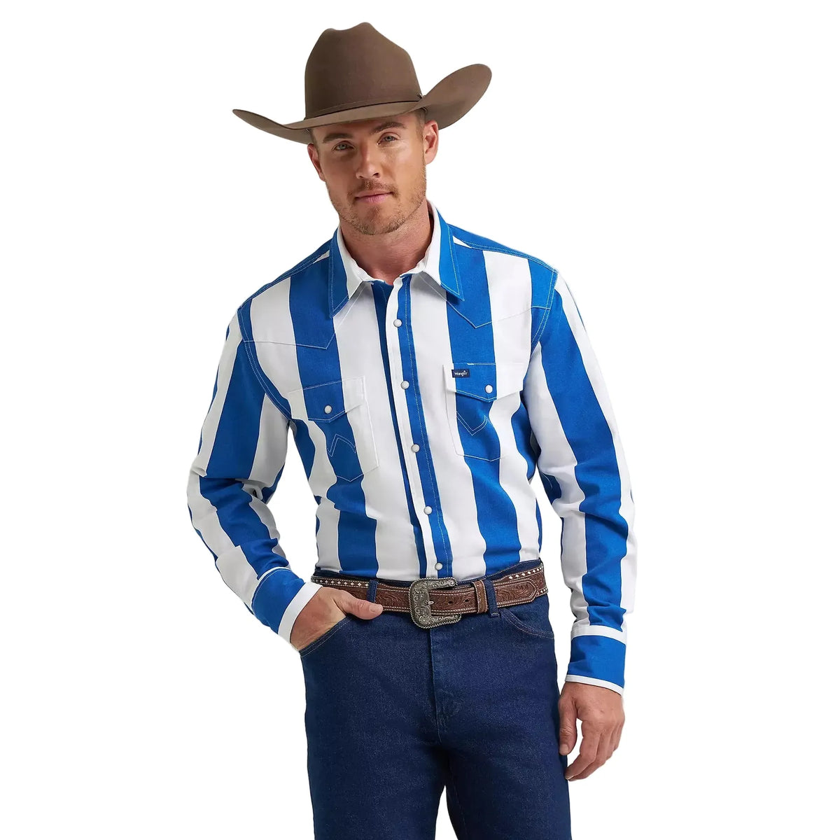 Wrangler Men's Vintage Inspired Brushpopper Long Sleeve Stripe Shirt - Big Blue