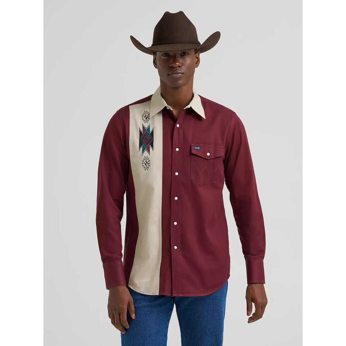 Wrangler Men's Vintage Inspired Contrast Band Western LS Snap Shirt - Red