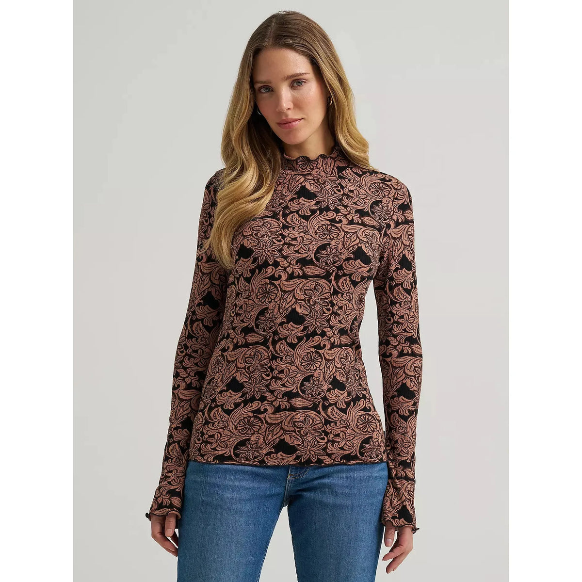 Wrangler Women's Long Sleeve Mock Neck Knit Floral Blouse - Black