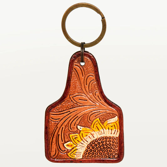 American Darling Hand-Tooled Leather Sunflower keyring Western Floral Scroll Design