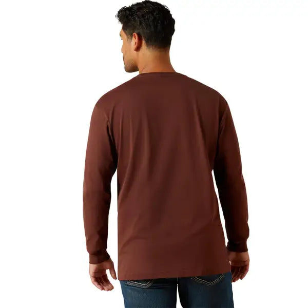 Ariat Men's Rebar Cotton Standard Logo Pocket LS Tee Shirt - Bitter Chocolate/Charcoal - Irvine Tack & Western Wear