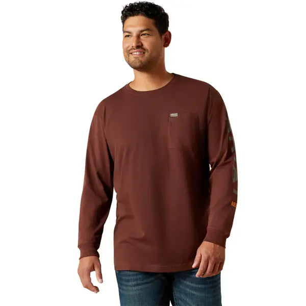 Ariat Men's Rebar Cotton Standard Logo Pocket LS Tee Shirt - Bitter Chocolate/Charcoal - Irvine Tack & Western Wear