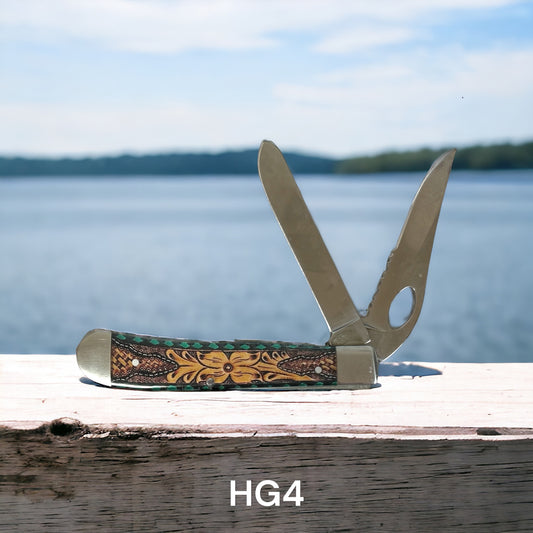 Circle SH 2 Blade Knife with Floral Billets and Buckstitch Pattern
