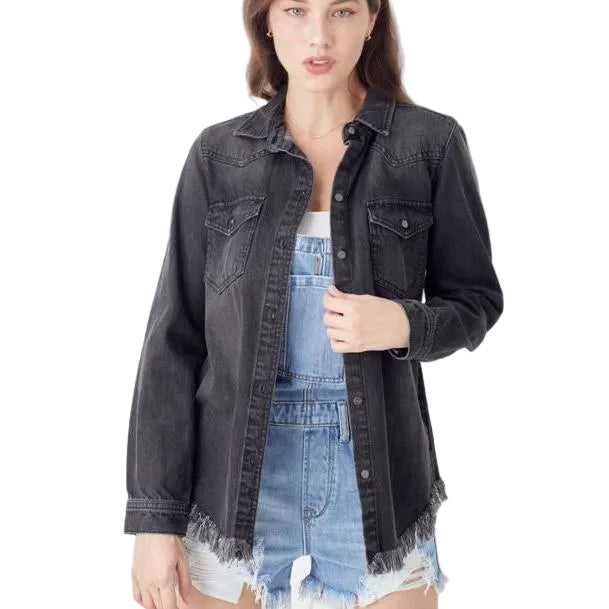 Risen Women's Long Sleeve Frayed Hem Denim Shirt - Black