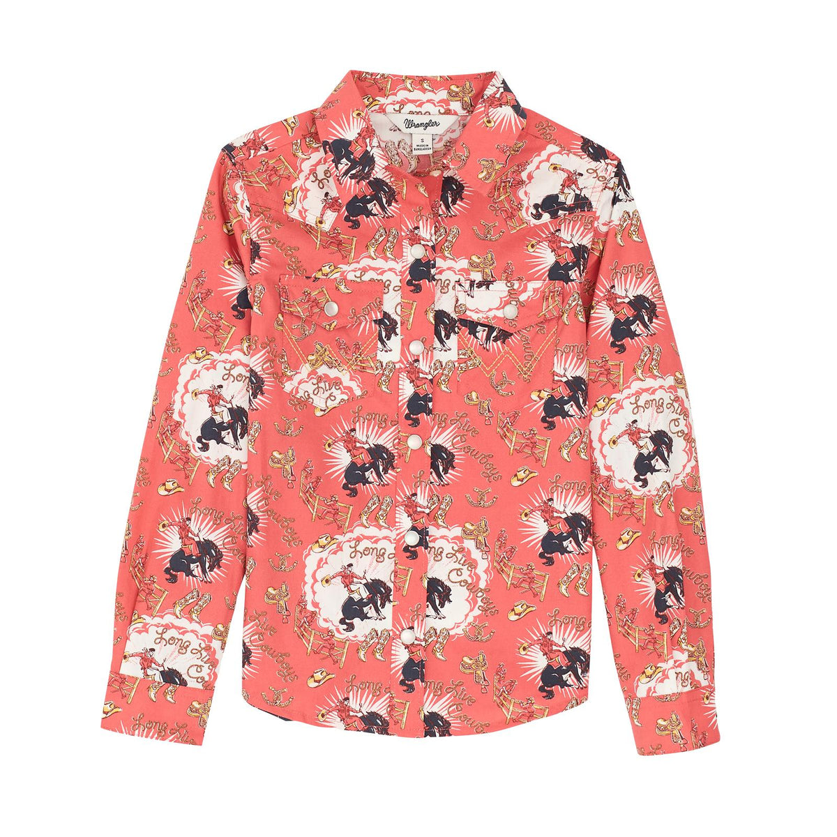 Wrangler Western Girl's Long Sleeve Western Shirt- Pink