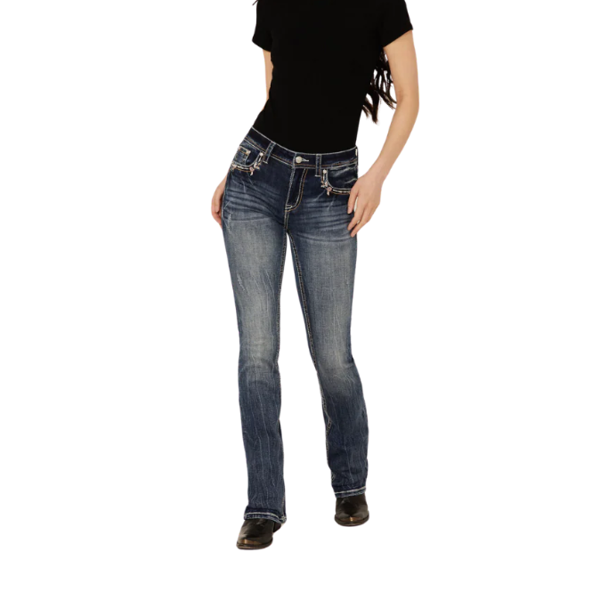 Grace in LA Women's Floral Embroidery Bootcut Jeans- Medium Wash