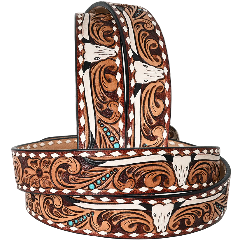 American Darling Cow Skull Western Belt with Turquoise Studs and Whipstitch