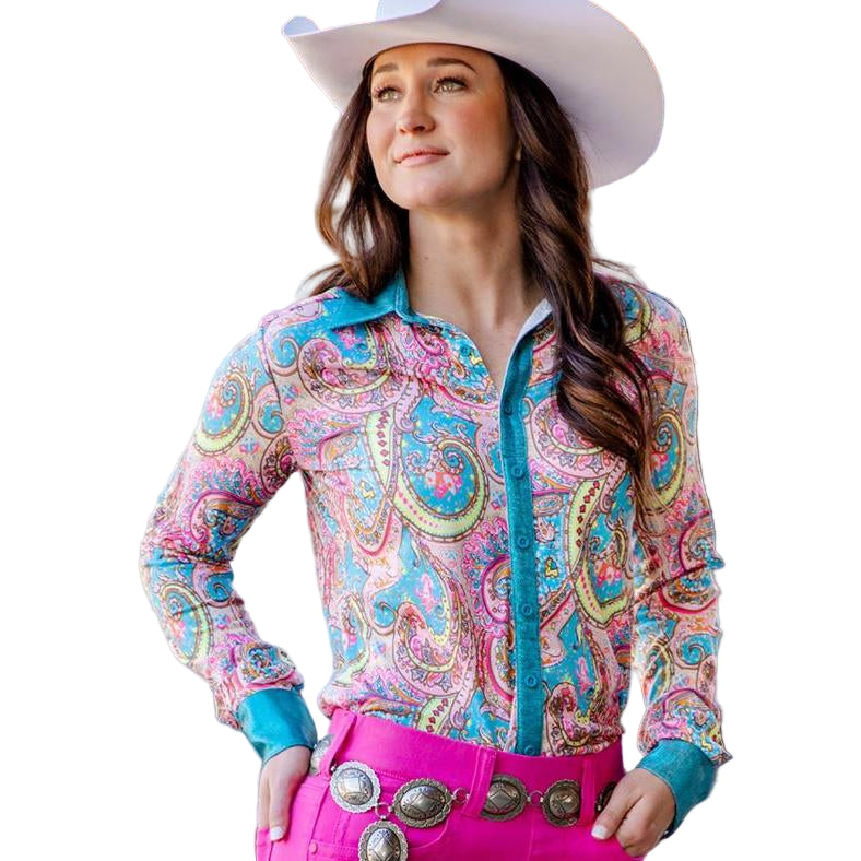 Cowgirl Tuff  Women's Long Sleeve Button Up Western Print Shirt - Pink