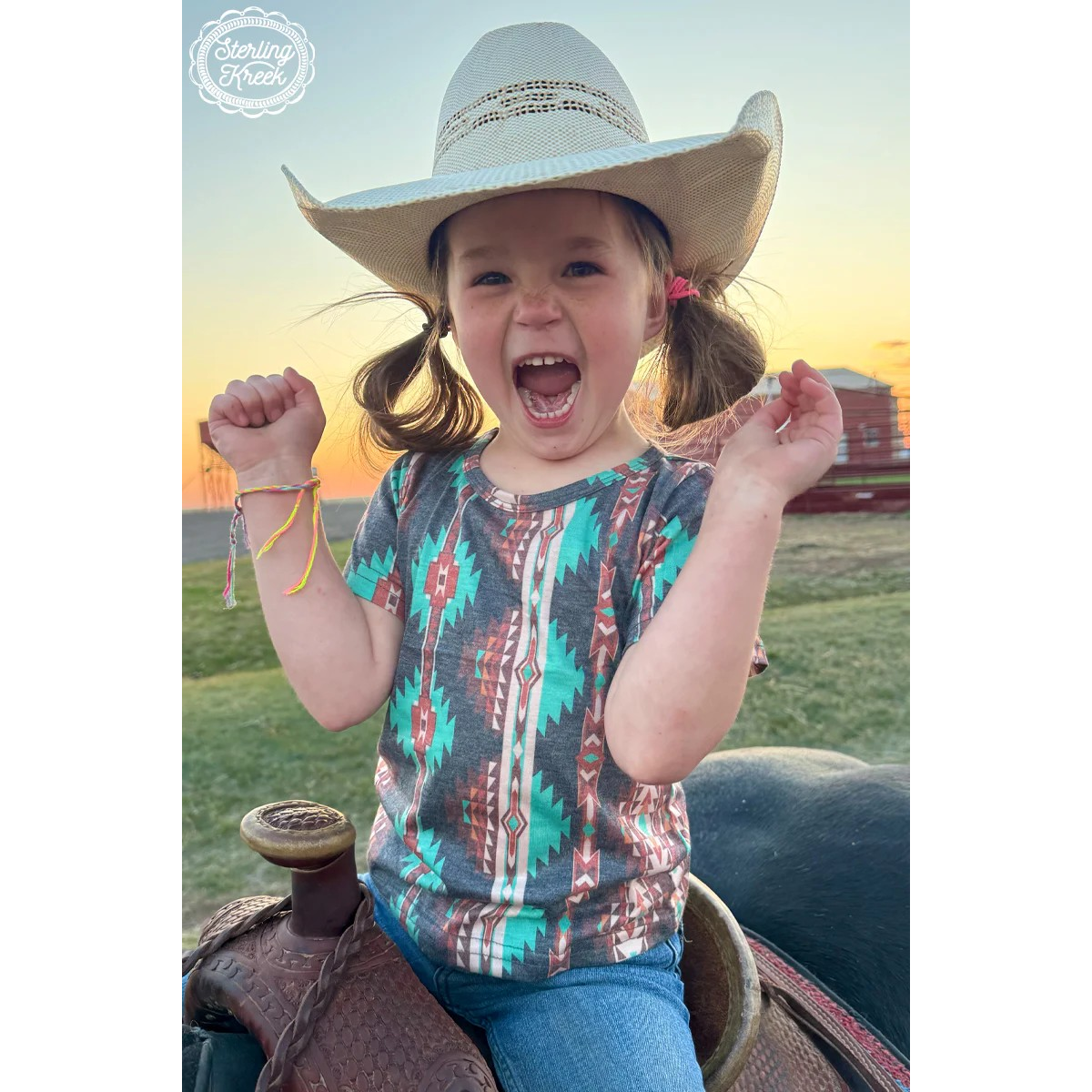 Sterling Kreek Kid's Mini Congo Rain T-Shirt - Faded Black with Aztec - Irvine Tack & Western Wear