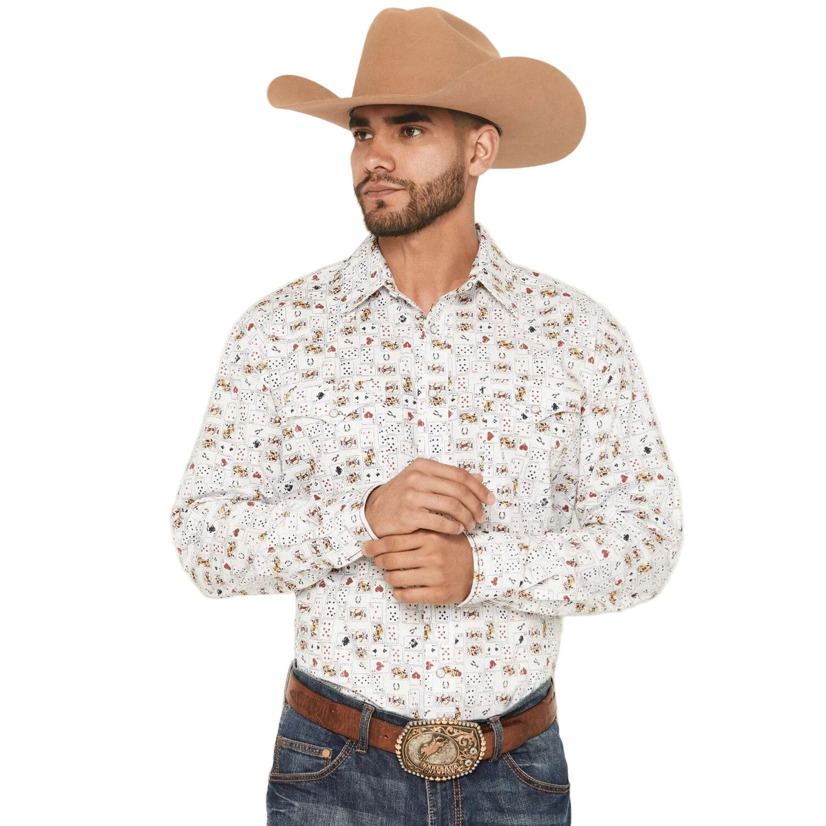 Panhandle Men's Rough Stock Vegas Print Western Long Sleeve Snap Shirt - White
