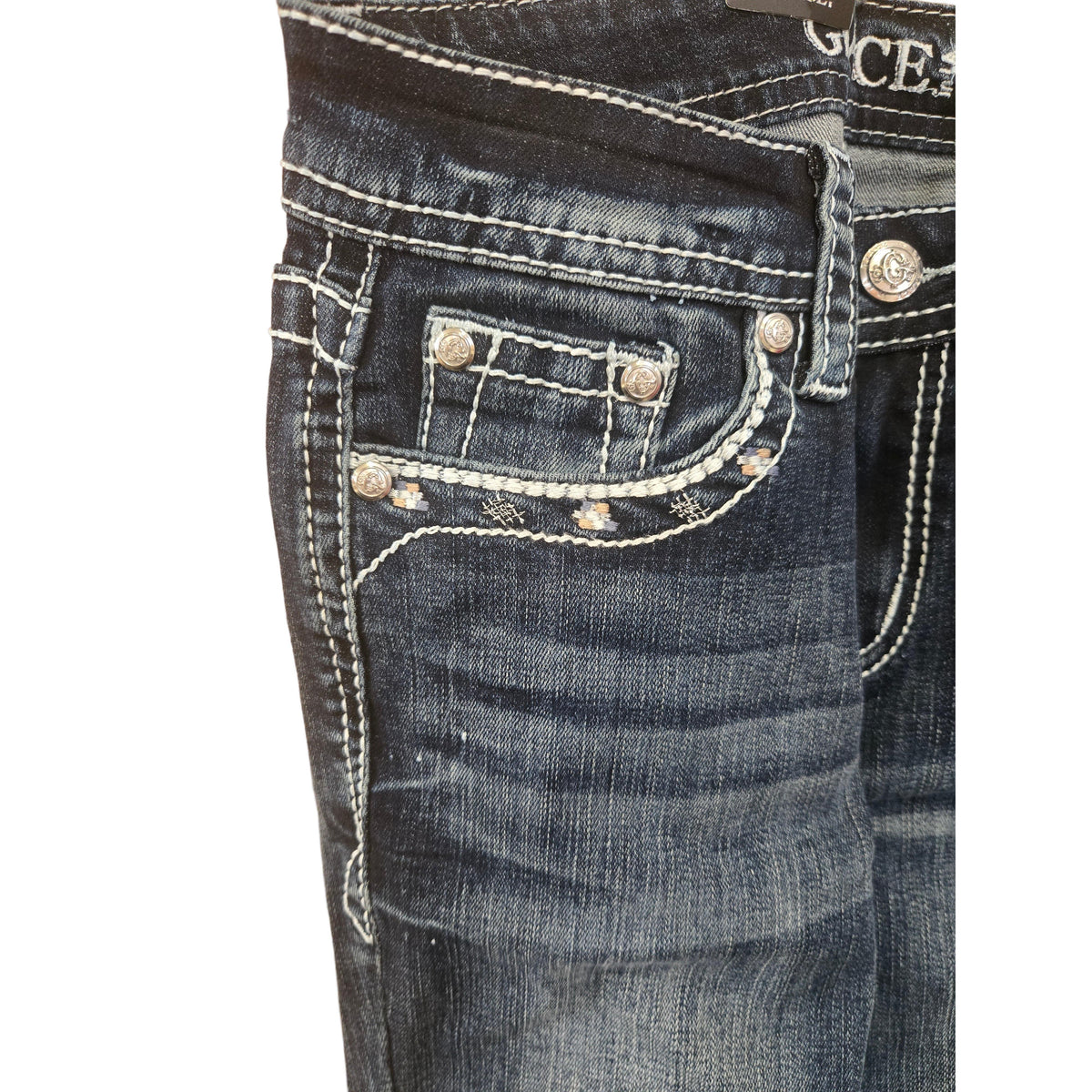 Grace in LA Women's Aztec Midrise Bootcut Jeans- Blue