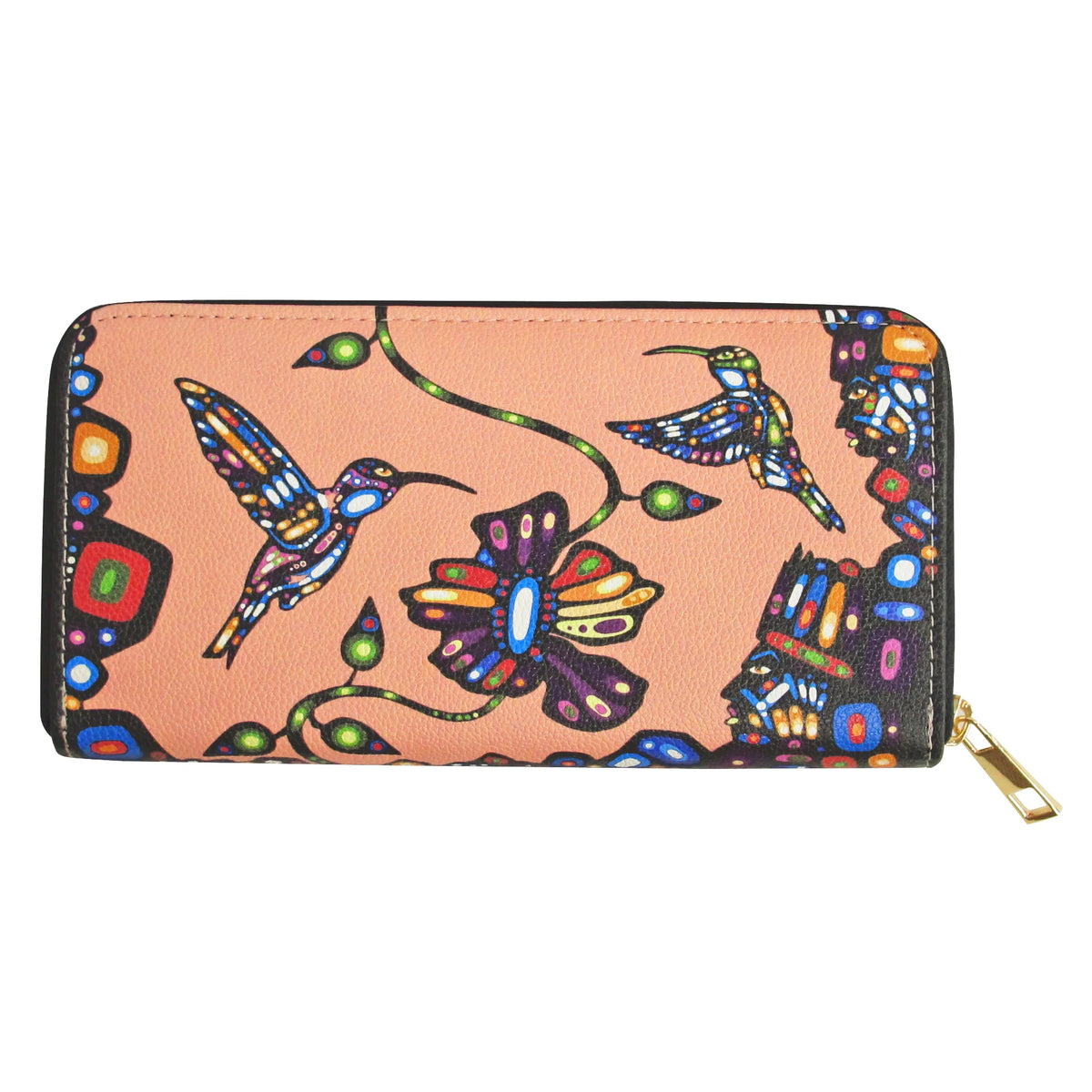John Rombough Hummingbird Zip Around Wallet- Peach