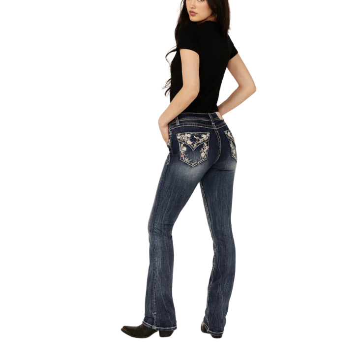 Grace in LA Women's Floral Embroidery Bootcut Jeans- Medium Wash