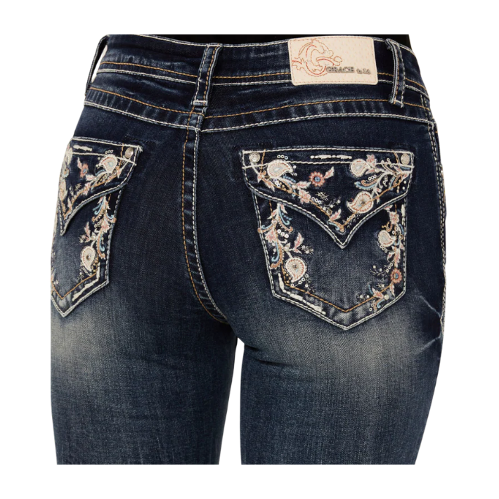 Grace in LA Women's Floral Embroidery Bootcut Jeans- Medium Wash
