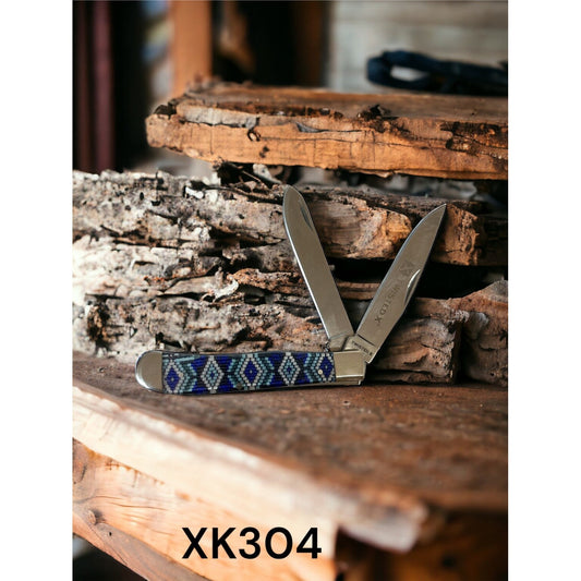 Twisted X Knife 4 1/4" SS Blade Blue & White Beaded Design - Irvine Tack & Western Wear