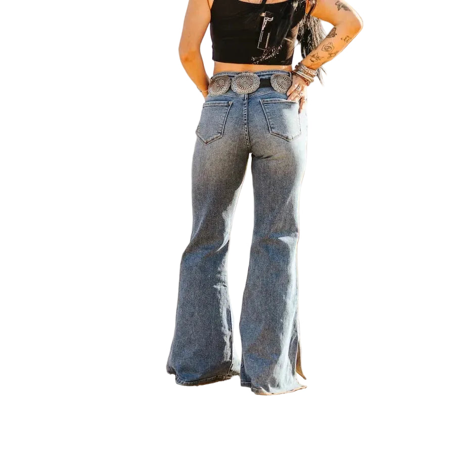 Lucky & Blessed Women's Plus Size  Midrise Slit Hem Flare Jean - Mid Wash