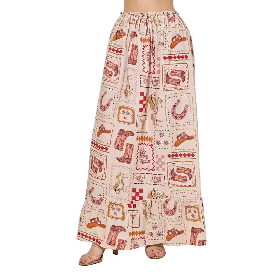 BaeVely Women's Western Cotton Print Maxi Skirt- Taupe
