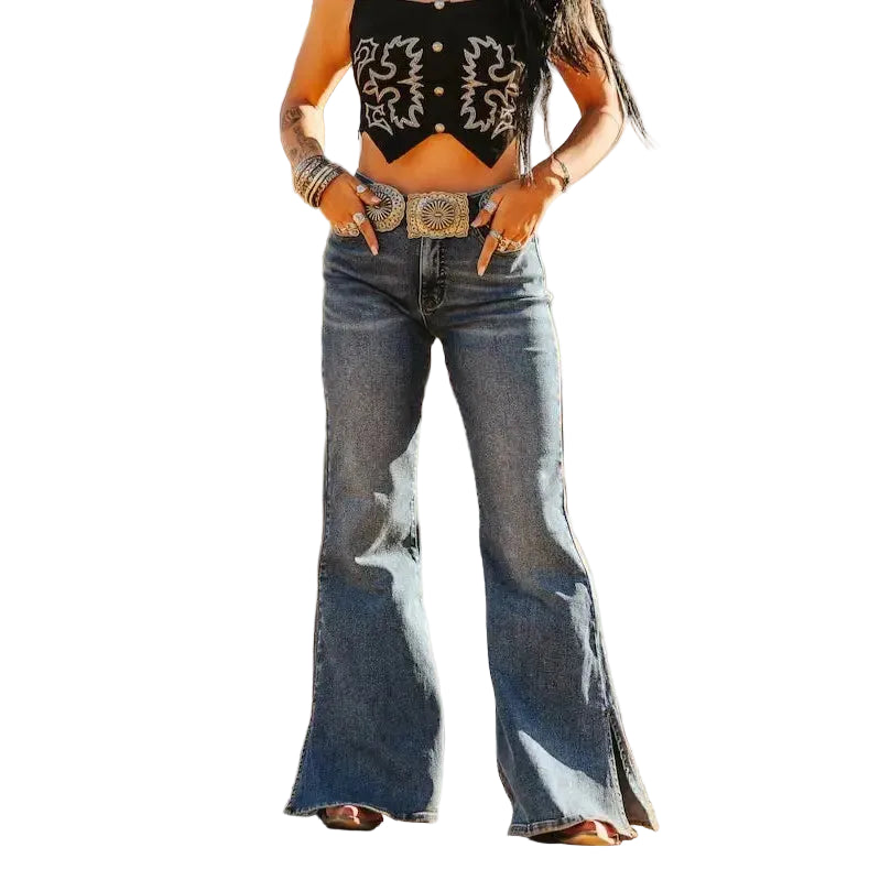 Lucky & Blessed Women's Plus Size  Midrise Slit Hem Flare Jean - Mid Wash