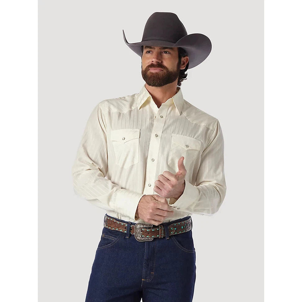 Wrangler Men's Long Sleeve Snap Dobby Stripe Shirt - Tan - Irvine Tack & Western Wear