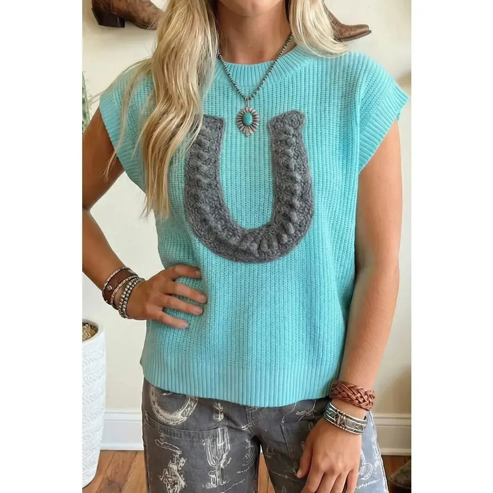 Little Daisy Closet Women's Western Crochet Horseshoe Short Sleeve Sweater- Turquoise