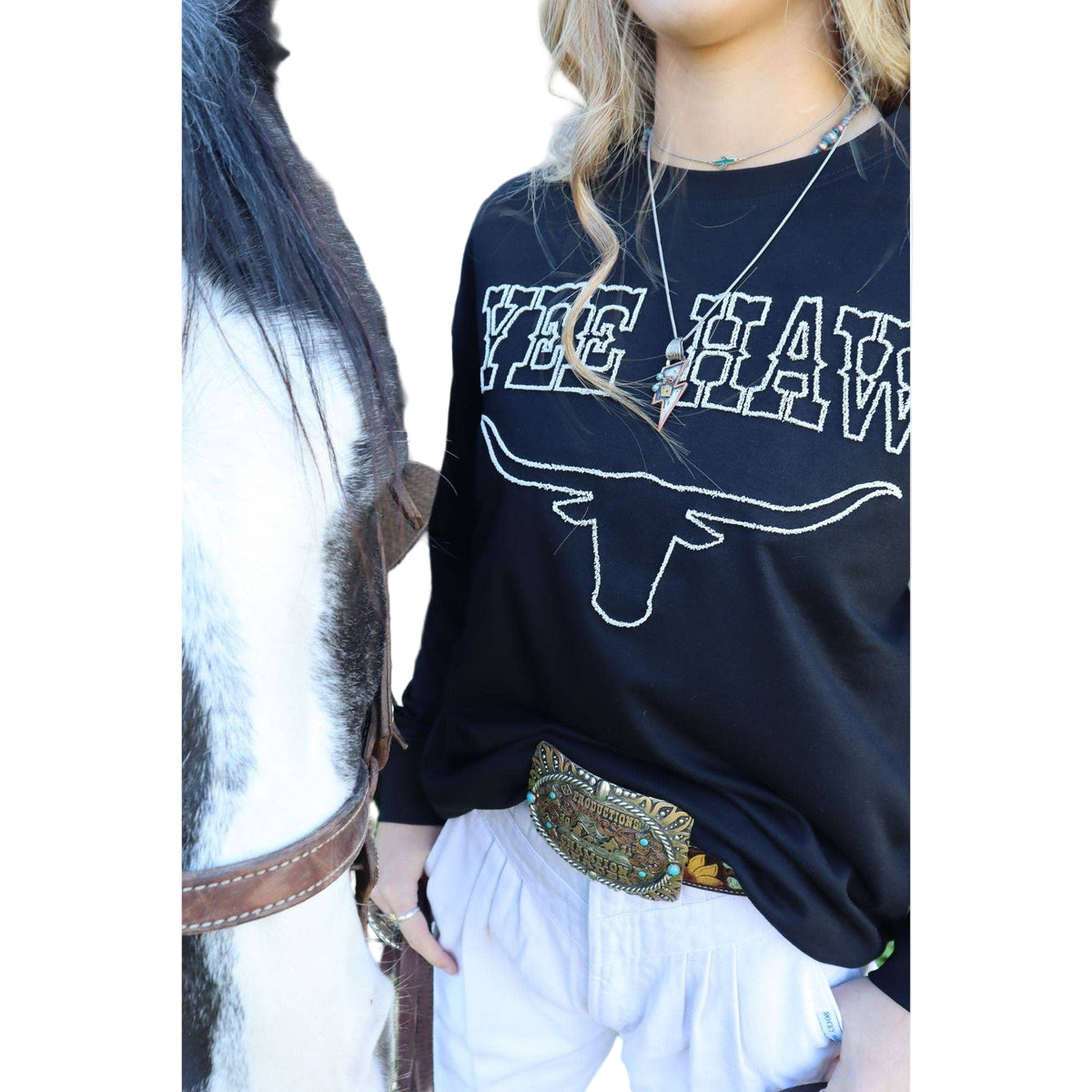 Merigold Kiss Women's Yee Haw Longhorn Long Sleeve Shirt - Black
